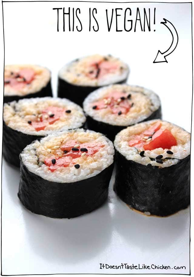 这不是辛辣的金枪鱼,它是西瓜!这家辛辣的西瓜素食寿司是甜美和咸味的完美组合。快速且易于制作。#itdoesnttttaStelikechickenGydF4y2Ba