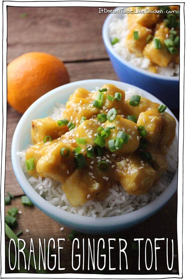 橙生姜豆腐。甜，粘，生姜和橙，儿童友好。更健康的替代品中国橙鸡。素食，不含麸质，素食主义者。